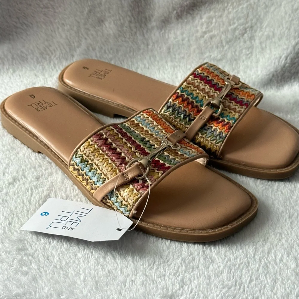 Time and‎ Tru Multicolor Woven Slide Sandals Women’s Size 6 Open Toe Slip On
